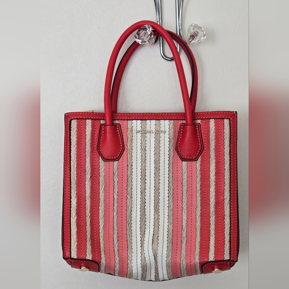 MICHAEL Michael Kors Mercer Accordion Medium Tote Orange Tan Straw W/ Dust Bag